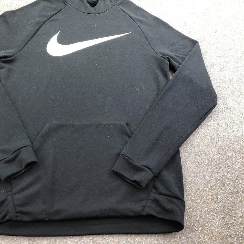 Nike Hoodie Mens Medium Black Pullover Dri Fit Sweatshirt Big Swoosh Logo Front